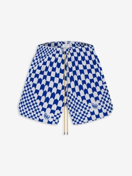 Vibrant blue Chevron swim shorts for men. Perfect for beach days and poolside lounging.