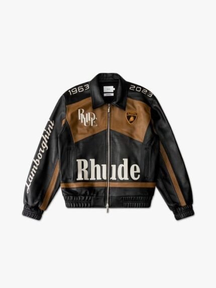 Rhude 63 Leather Racing Jacket - Channel the spirit of the race with the Rhude 63 Leather Racing Jacket, a sleek and edgy piece inspired by racing aesthetics for a bold and stylish look."